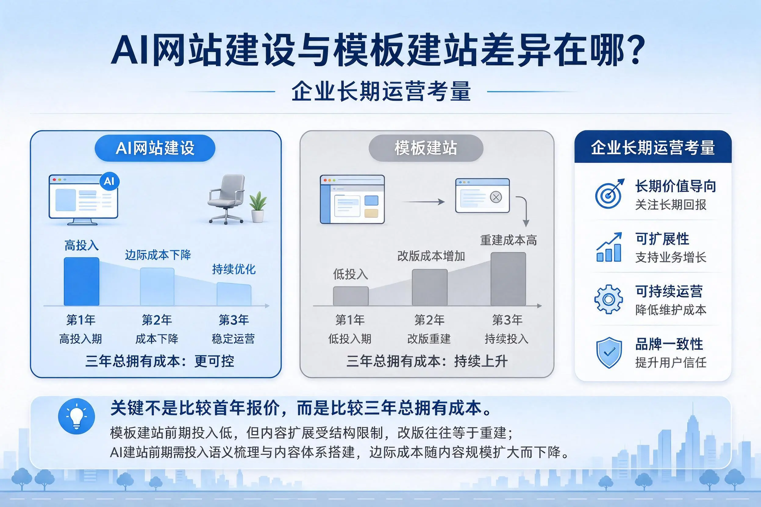 AI网站建设与模板建站差异在哪?三门峡企业长期运营考量